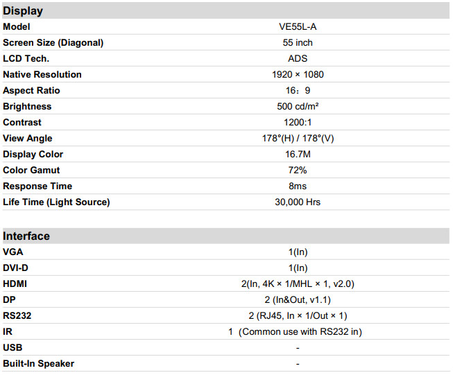 thong so ky thuat Màn hình ghép videowall BOE VE55L-A 55 inch